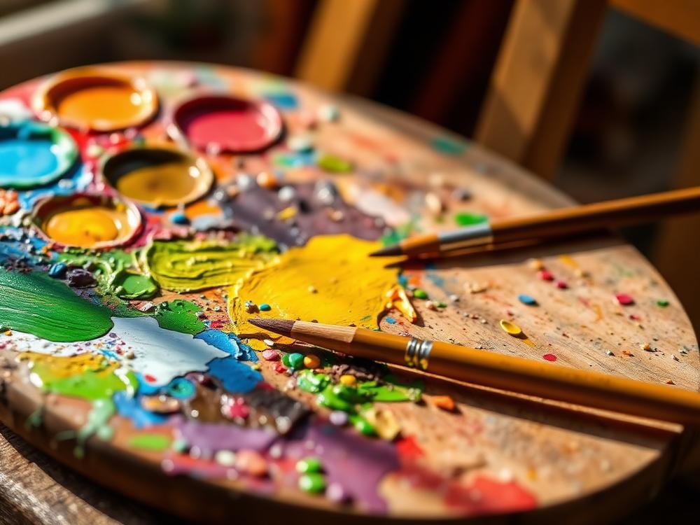 Colourful paint palette with brushes
