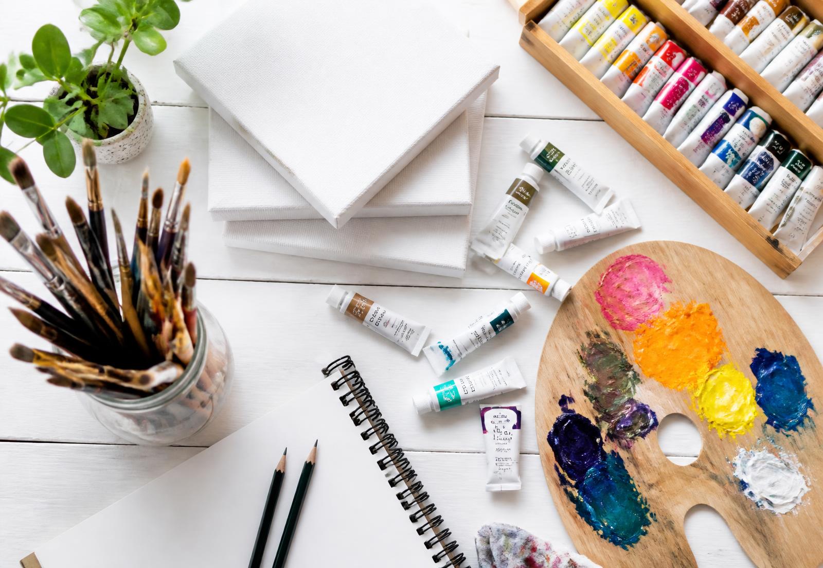 Paint brushes, canvases, paints and art tools arranged on a creative worktable